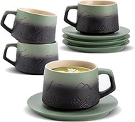 ZENS 8 Ounce Cappuccino Cups Set of 4, Embossed Artistic Cappuccino Mug with Saucers for Latte Art,