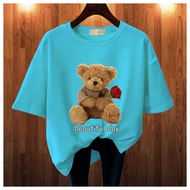 BAJU KAOS WANITA OVERSIZE LENGAN PENDEK BEAR LOVE LEHER BULAT KAOS MURAH COTTON COMBED blus jumbo