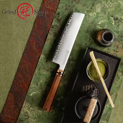 Grandsharp 7.5''Nakiri Knife ZDP-189 Steel Core Hardness 65-67 Hrc Mkuruti Wood Handle Ergonomic Des