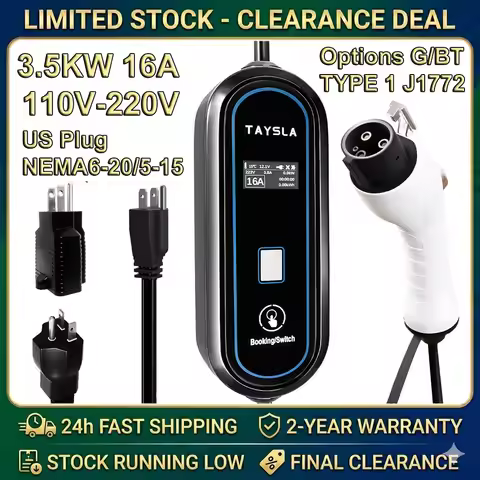 TAYSLA Portable EV Charger 3.5KW 16A 110V GB/T TYPE 1 J1772 Connector w NEMA 5-15/6-20 US Plug Elect