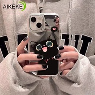 Cartoon Black Cat Makeup Mirror Phone Case For Samsung Galaxy S25 S24 S23 S22 S21 Plus S20 FE Note 2