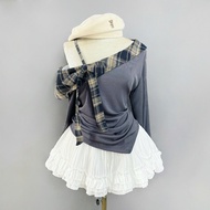 Women's Big Size Skirt Set Off Shoulder T-shirt with Bow Tie with Lady's Flared Skirt A333+CV425