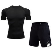 Running Suit Men's Gym Short-sleeved T-shirt + shorts 2 in 1 Sports Suit  Quick-drying Breathable Bl