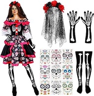 5 Pcs Women's Day of the Dead Spanish Costume Halloween Skirt Gloves Stocking Face Tattoos Floral Cr