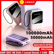 100000mAh Powerbank 50000mAh Mini Powerbank Built in 4 Cables Power Bank Fast Charging LED Display P