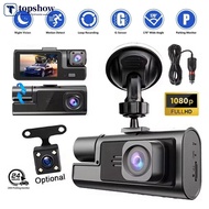 TOPSHOW 2.0-inch IPS Screen HD 1080P 3-Lens Dash Cam Front Cabin Rear Triple Recording Camera Car Ac