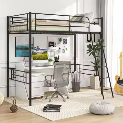 Twin Size Loft Bed, Metal Loft Bed Frame with Ladder & Safety Guardrail, Space-Saving Loft Bed with 