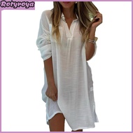 Lady Beach Shirt Dress with Cufflinks Thin Loose Side Slit Midi Dress Turn-down Collar Long Sleeve D