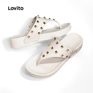 Lovito Casual Flat Sandals Flip-flops Rivet All Seasons Apricot Flat Sandals for Women LFA85037 Lovi