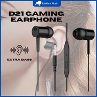 D21 Extra Bass Gaming Earphone/ Headset In-ear with Earplugs/ 3.5mm Mic Stereo Bass Earphone