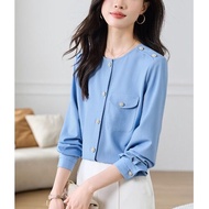 Outlet ของแท้ สไตล์ฝรั่งเศส หลวม เสื้อคอกลมสีน้ําเงิน เดนิม ผู้หญิง ฤดูใบไม้ผลิ ฤดูใบไม้ร่วง ลำลอง ใ