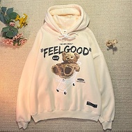 ÁO KHOÁC HOODIE NAM NỮ FORM RỘNG TAY PHỒNG MÀU BE VẢI NỈ DÀY MỊN, ÁO HOODIE UNISEX IN GẤU FEELGOOD