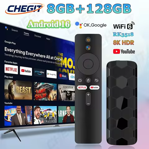Android 16 R3+ 8K Ultra HD TV Stick Dual UI Interface Dual Wifi 2.4G/5.8G 8GB+128GB RK3518 Quad Core