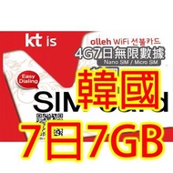 4G韓國 南韓7日4G 7GB之後降速無限《每日1GB 之後降速128k無限》無限上網數據卡Sim卡電話咭data