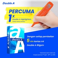 Kertas A4 Double A 80gsm (1 kotak/5 rim) - Percuma 1xDoubleA Highlighter