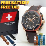Jam Tangan Pria Swiss Army Original Strap Kulit Tanggal dan Chrono Aktif Bonus Tali dan Battery Box