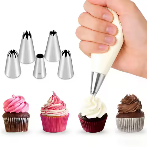 5 Metal Icing Tips Kit (1M, 1A, 4B, 6B, 108E) - For Beginners & Bakers, Black Friday Essential for H