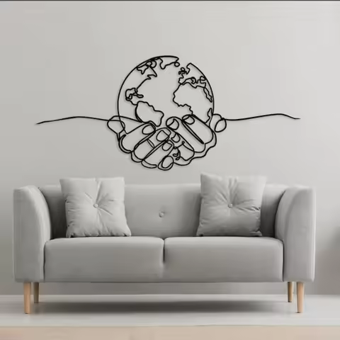Large Planet In Hands Global Map Wall Decal Office Teamwork Success Inspirational Quote Wall Sticker