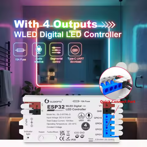 GLEDOPTO ESP32 WLED Controller 4 Channel Output 15A Fuse Level Shifter UART Download DIY Dynamic Lig