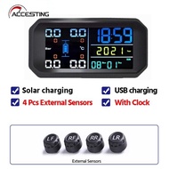 NEW Wireless 4 tire tool TPMS Car Tire Pressure Monitor System Automatic Clock Control Solar Power B
