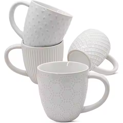14oz Embossed Ceramic Coffee Cups Set of 4, LeadFree Microwave amp Dishwasher Safe Coffee Mugs for H