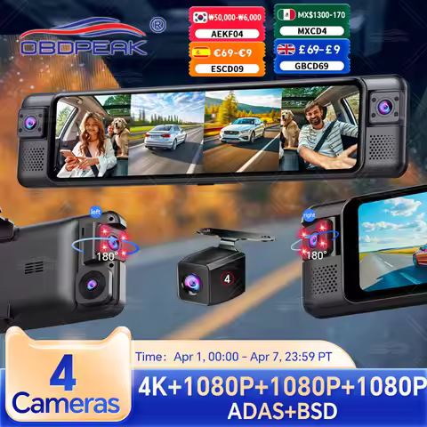 OBDPEAK 4CH 11 Inch 4K+1K+1K+1K Rearview Mirror Dash Cam With ADAS BSD WiFi Night Vision 24H Parking