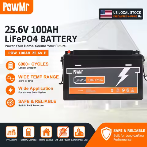 PowMr US Stock 25.6V 100Ah LiFePO4 Battery 2560Wh Lithium Iron Phosphate Battery Built‑in 100A BMS 6