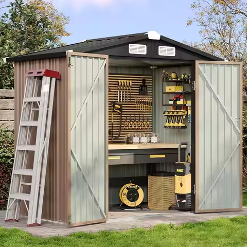 USA Stock 6.2x4 FT Metal Outdoor Storage Garden Shed with Lockable Doors & Sloping Roof for Backyard