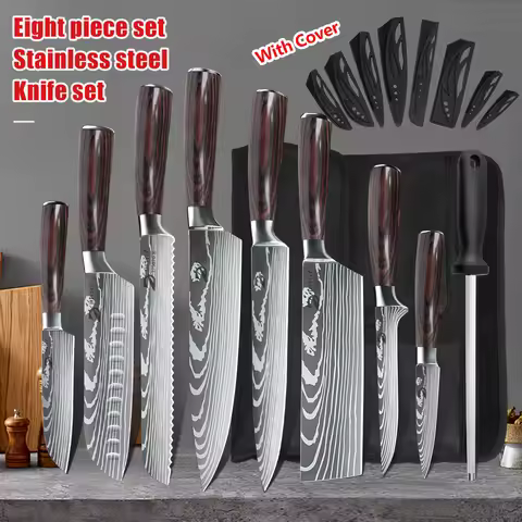 KEPEAK Kitchen Knife Set 7Cr17Mov Stainless Steel Chef Knife Ultra Sharp Santoku Cleaver Utility Kni