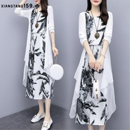 JS Women's Clothing Medium - long print dress art cotton linen two - piece match Plus Size Dress Lab