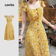 Lovito Casual Dress Ruffle Button Spring/summer Yellow Dress for Women L154LD348 Lovito Gaun Wanita 
