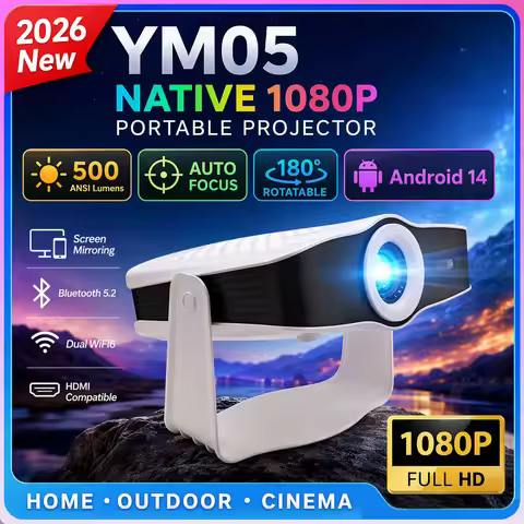 2026 New YM05 Native 1080P Portable Projector 800 ANSI Lumens Auto Focus Android 14 180° Rotatable H
