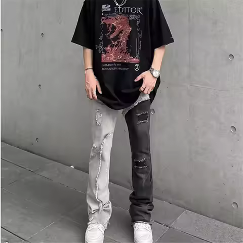 Y2K Mens Black Patchwork Ripped Jean Autumn New Man Distressed Design Denim Tear Pants Hip Hop Vinta