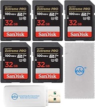 SanDisk 32GB SDHC Extreme Pro (Five Pack) Memory Card Works with for Digital DSLR Camera 4K V30 (SDSDXXO-032G-GN4IN) Bundle with Everything But Stromboli Micro &amp; SD Card Reader &amp; Micro Fiber Cloth