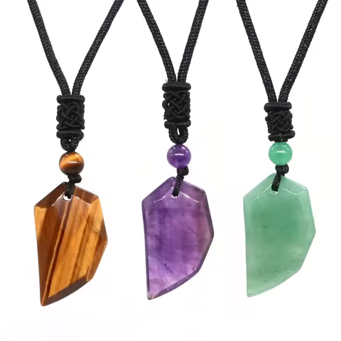 Wolf Tooth Shape Natural Stone Pendant Necklace for Women Men Amulet Amethyst Obsidian Lucky Love Cr