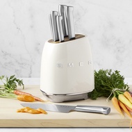 READY STOCK💥SMEG 7 Piece Stainless Steel Knife Block Set Creamy White 6 Knives and Block Holder Set