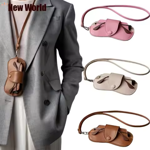 PU Leather Sunglasses Storage Bag With Lanyard Solid Color Sunglasses Pouch Durable SunGlasses Holde