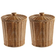2X Woven Basket Trash Can Round Rattan Waste Basket with Lid Planter Woven Storage Baskets Wicker Ga