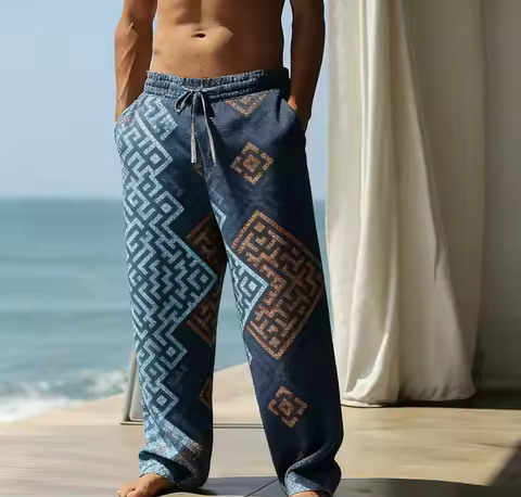 Men's Summer Thin Casual Trousers, Bohemian Ethnic Style, Geometric Print, Drawstring Casual Trouser