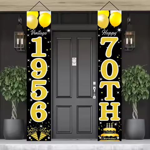 Black Gold Glitter 70th Birthday Porch Banner, Retro 1956 Vintage Birthday Door Couplet with Balloon