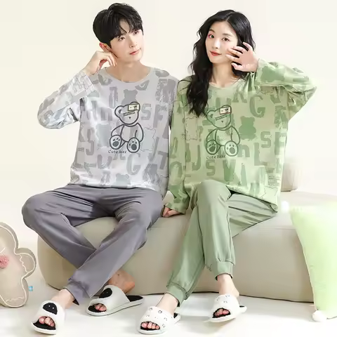 Autumn Cartoon Bear Women Men Pajama Set Couples Sleepwear Korean Pijamas Long Sleeve Cotton pijamas
