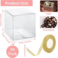 WOPPLXY 50 Pack Clear Favor Boxes with Gift Ribbons, 3x3x3 Inches Transparent Plastic Gift Boxes, Pa