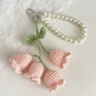 1pc Handmade Crochet Lily Of The Valley Keychain With Pearl Chain, Boho Style Bag Charm, Decorative 