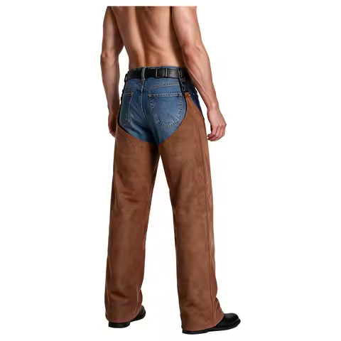 Mens Cowboy Chaps Halloween Party Horse Riding Cosplay Costume Faux Suede Open Crotch Pants Leg Prot