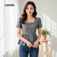 Lovito Blus Elegan dengan Ruffle Hem dan Tekstur Halus, Musim Semi/Musim Panas, Hitam, L137ED655