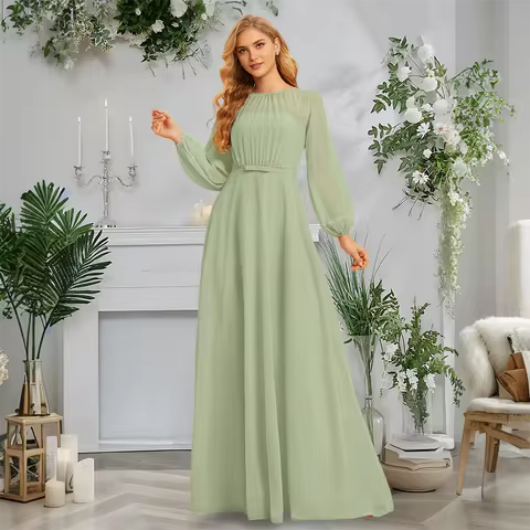 HJL Dusty Lavender A-Line Scoop Neck Floor-Length Chiffon Bridesmaid Dresses With Bow Long Sleeve We