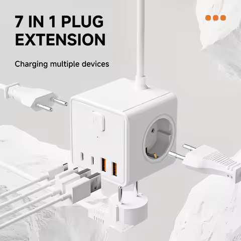Portable Multi-Function Socket 7-in-1 with 3 Outlets 2 USB 2 Type-C 1.5m Long Cable for Dormitory Be