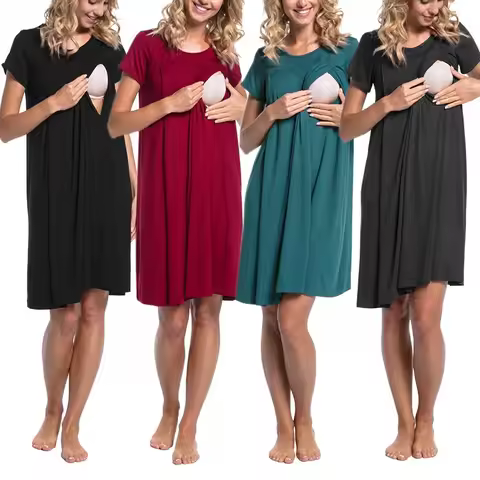 Maternity Hospital Gown Short Sleeve Nursing Top with Hidden Side Openings for Delivery