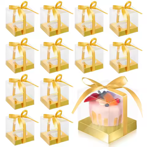 5/10pcs Individual Cupcake Boxes Single Cupcake Holder Container With Ribbons For Wedding Birthday P