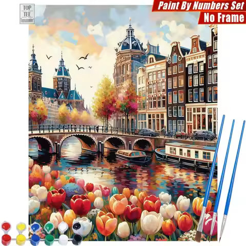 Amsterdam Canal Tulips Paints By Numbers Watercolor Kit for Kids Wall Art Home Decor Acrylic Paint C